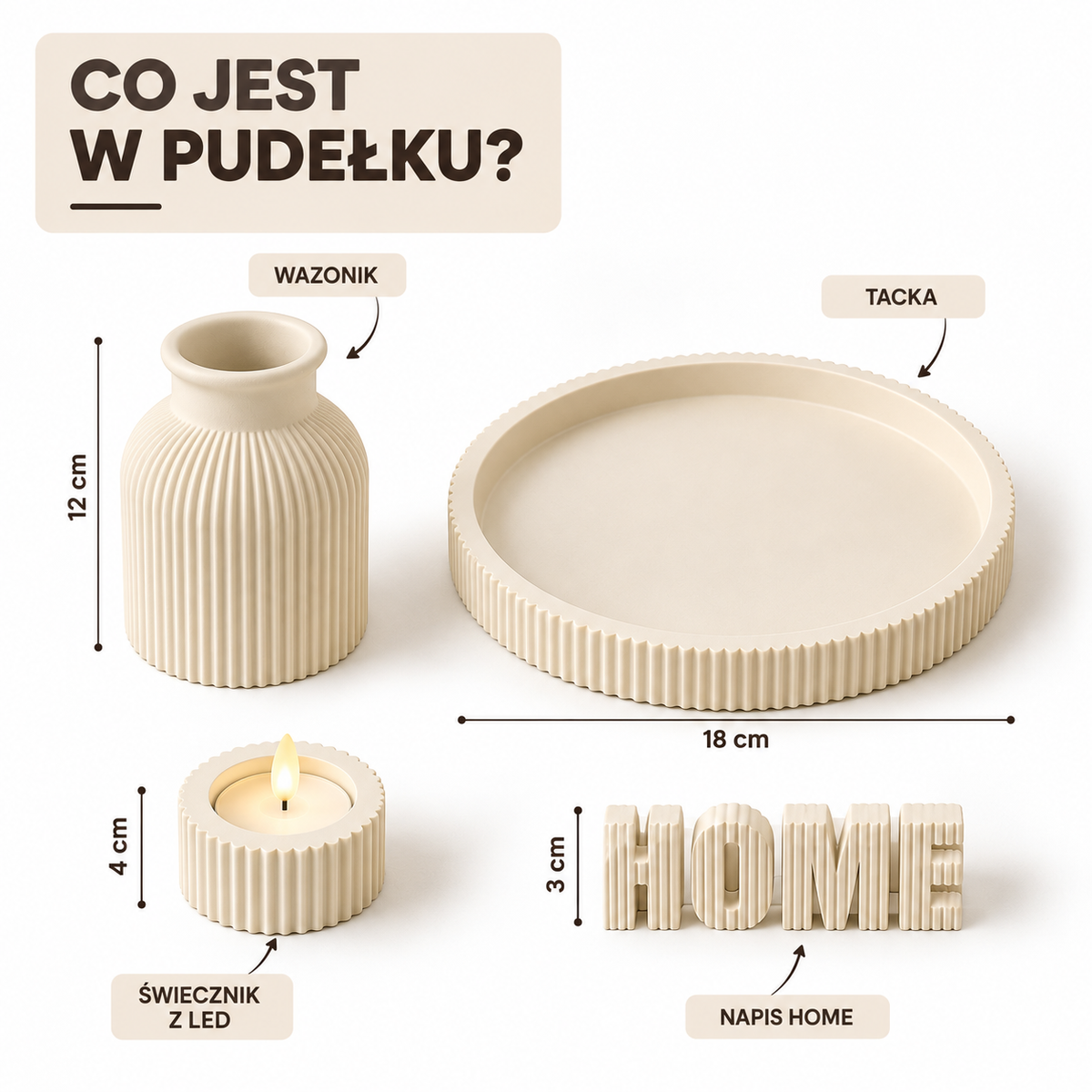 Zestaw dekoracyjny HOME – wazon, taca i świecznik, kość słoniowa
